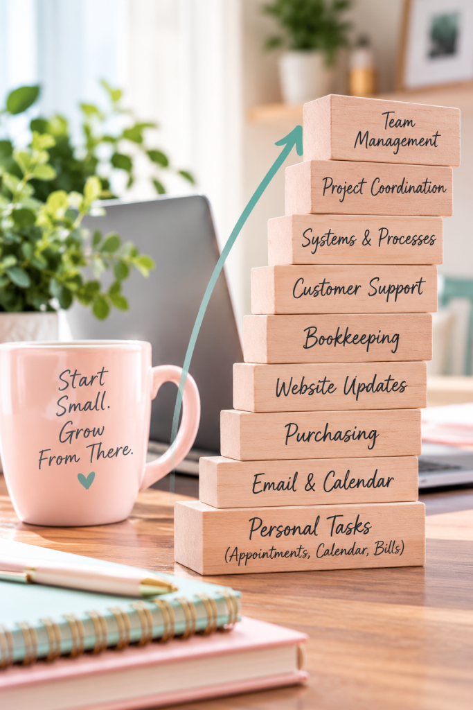 Virtual assistant support growing from personal tasks to business operations and team management.